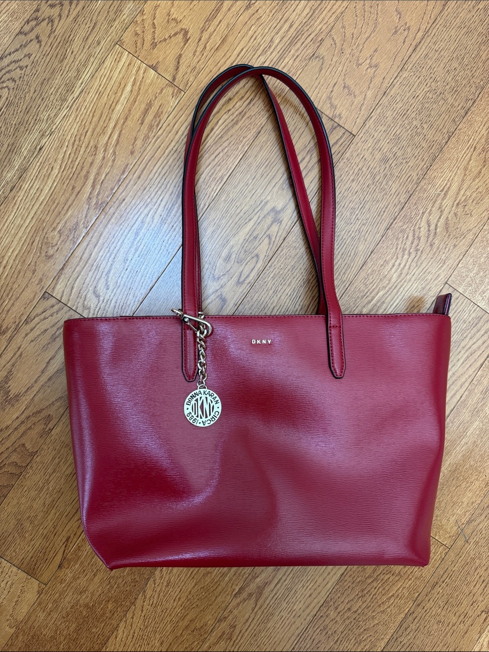 DKNY Red Leather Tote with Logo Charm
